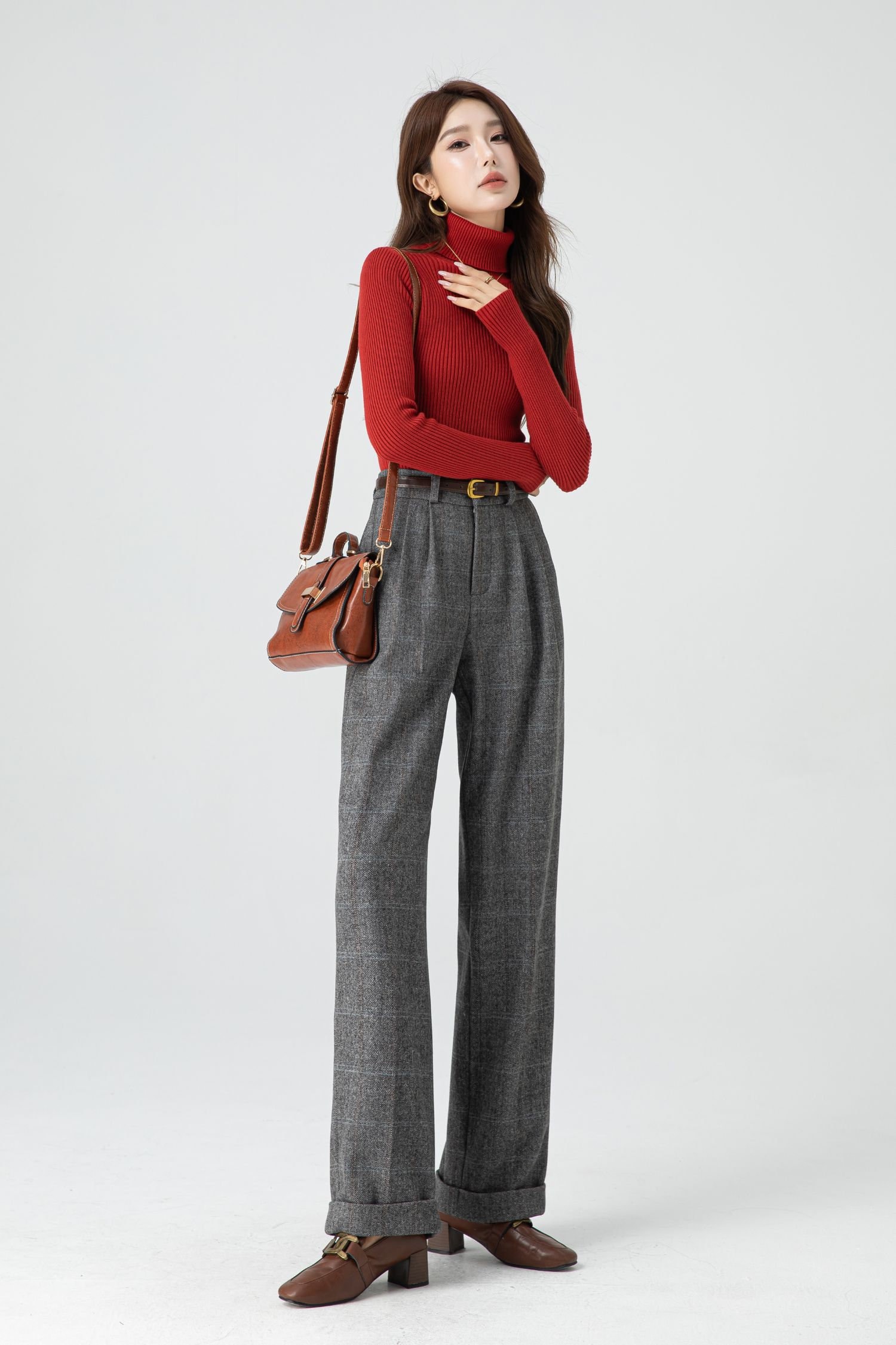 Officewear Pants, Grey Long Plaid Wool Pants, Plus Size