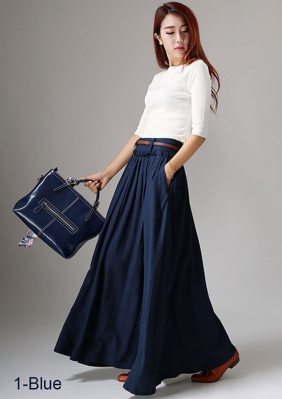 Swing Long Linen Maxi Skirt for Women, Navy Blue Walking Skirt