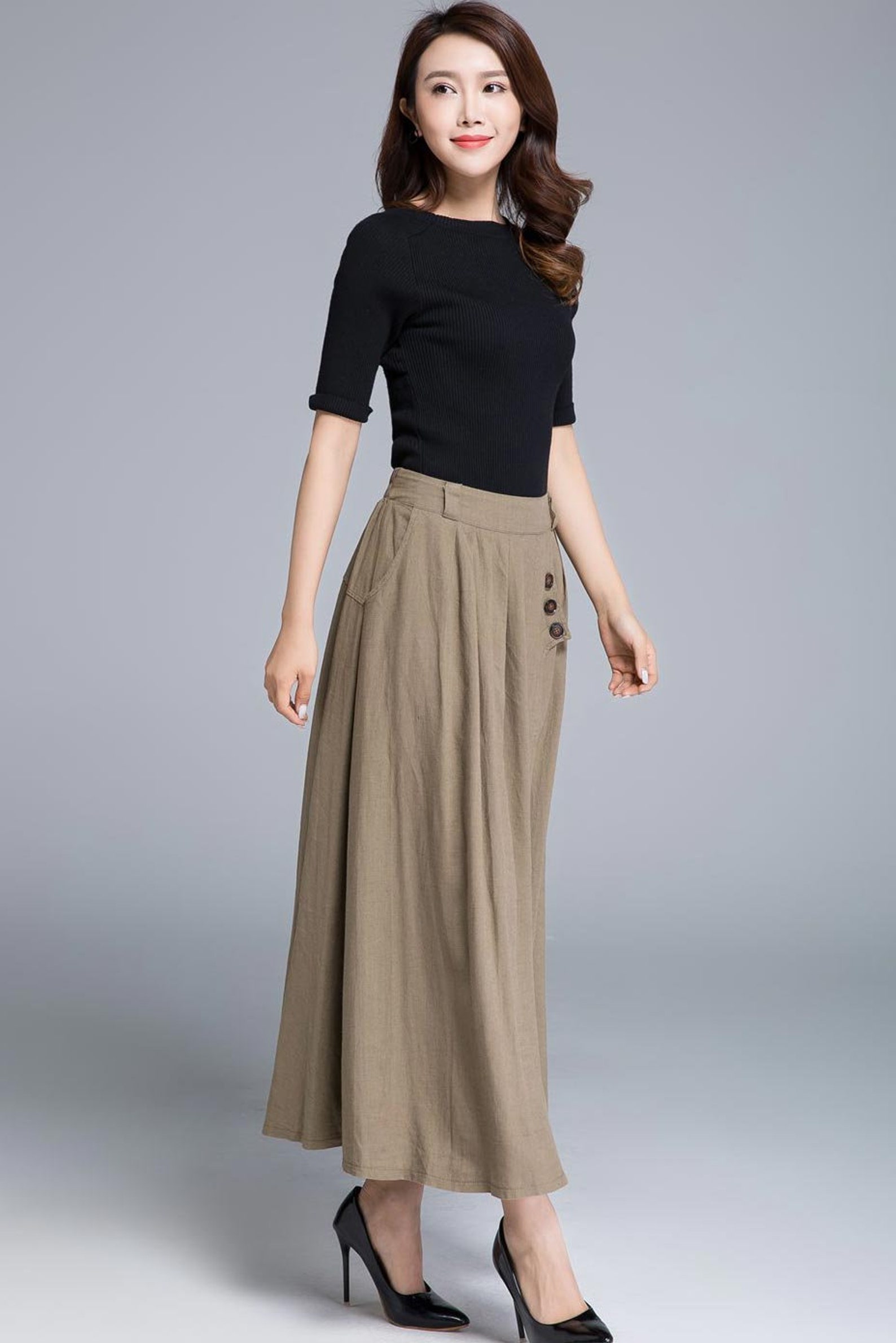 Khaki skirt linen skirt pleated skirt pocket skirt button | Etsy