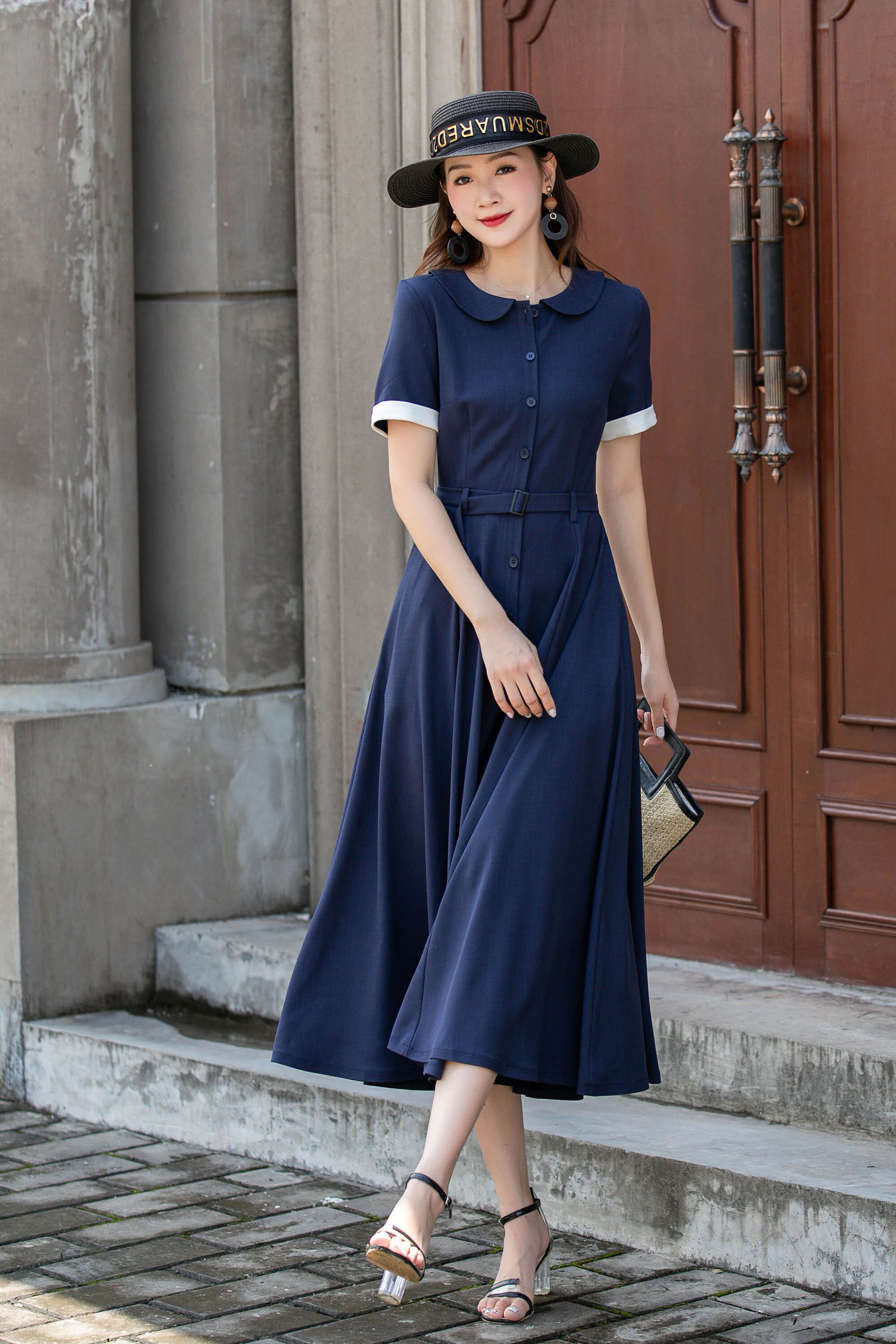 Semi-formal Navy Midi Shirt Dress, Short Sleeve Button up Semi-formal Navy Midi Shirt Dress, Short Sleeve Button up
