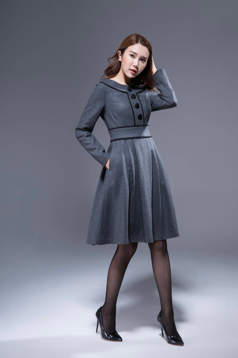 Winter Dress Women Dark Gray Wool Dress Knee Length Dress Etsy Canada