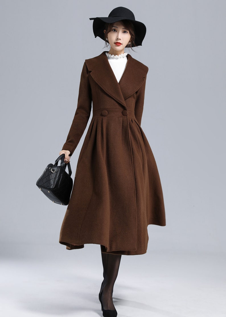 Wool Princess coat, Dress Coat, 1950s Vintage inspired Swing coat, Long wool coat women, winter coat women, fit and flare coat 1640 Dark brown