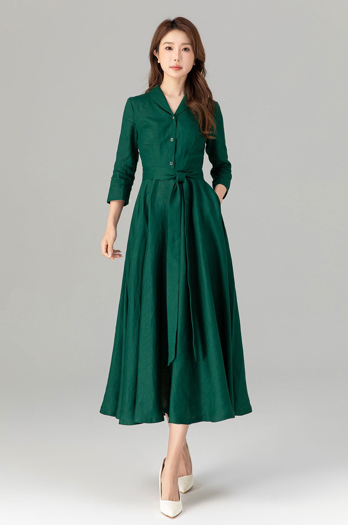 Linen Shirt Dress, Long Linen Dress, Swing Shirt Dress, Green Linen Dress, Fit and Flare Dress, Spring Dress, Custom Dress, Xiaolizi 4911#