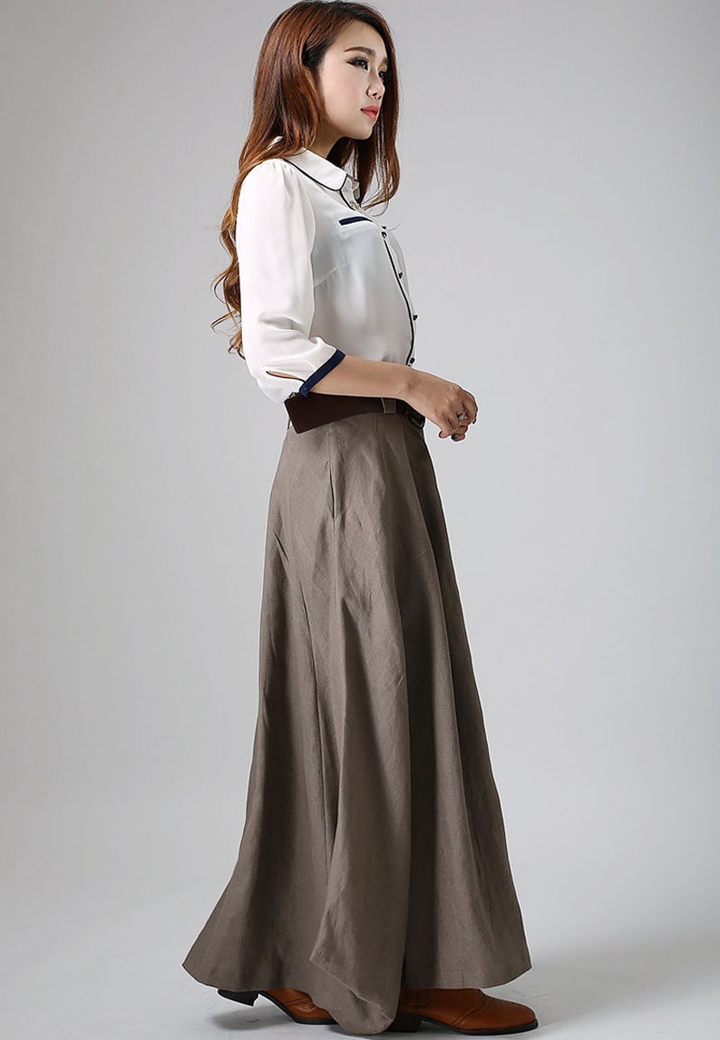 Linen Maxi skirt with big pockets, swing Long Linen Skirt for women, Asymmetrical skirt, brown skirt, casual skirt, custom skirt 0905 zdjęcie 3