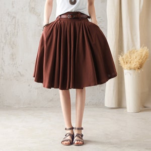 Women Pleated Circle Knee Length Linen Skirt, Swing Midi Skirt, A Line Flare skirt, Brown skirt, Vintage Summer skirt, Custom Skirt 2589 image 2