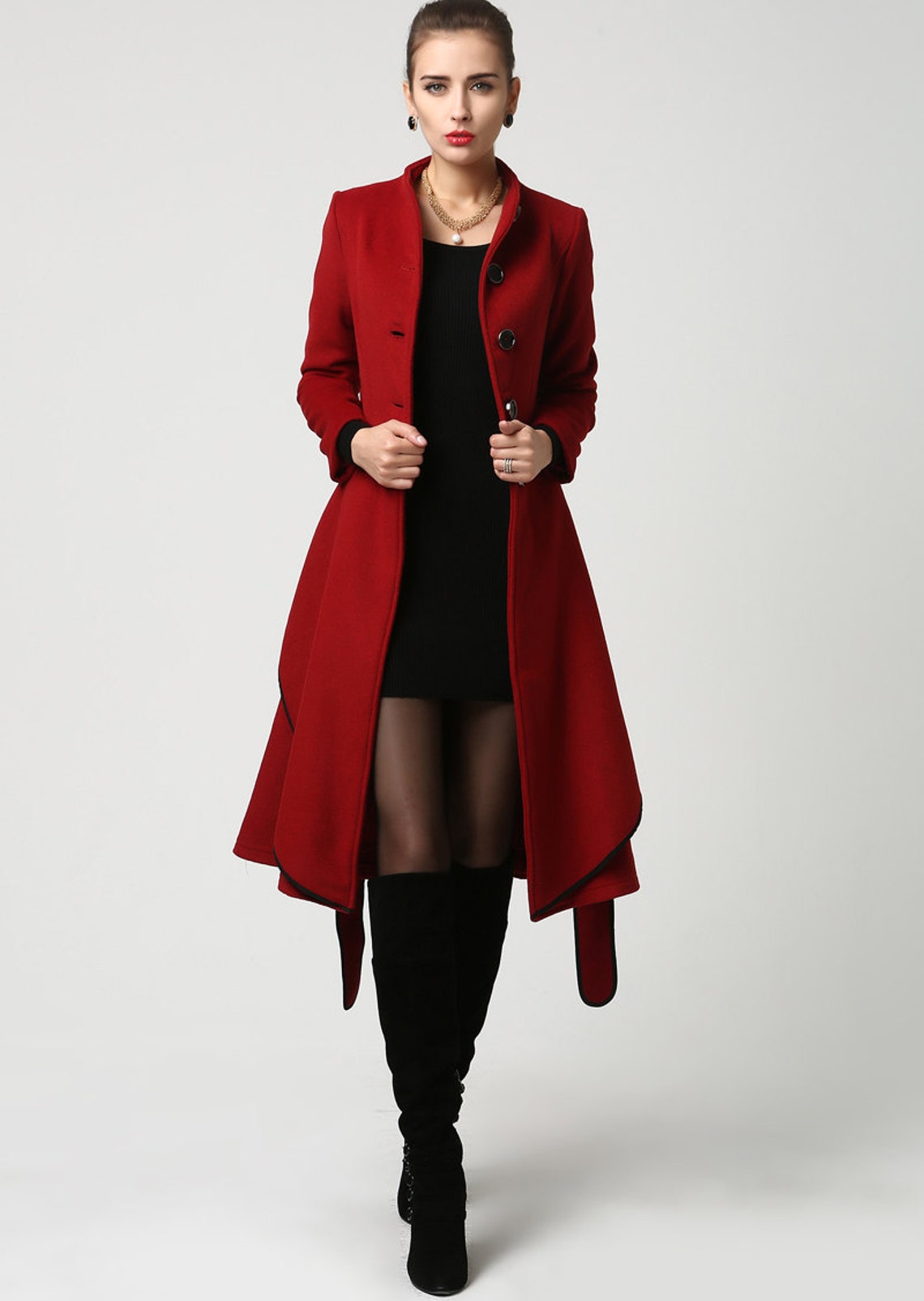 Dark red coat stand up collar wool coat winter coat for Etsy