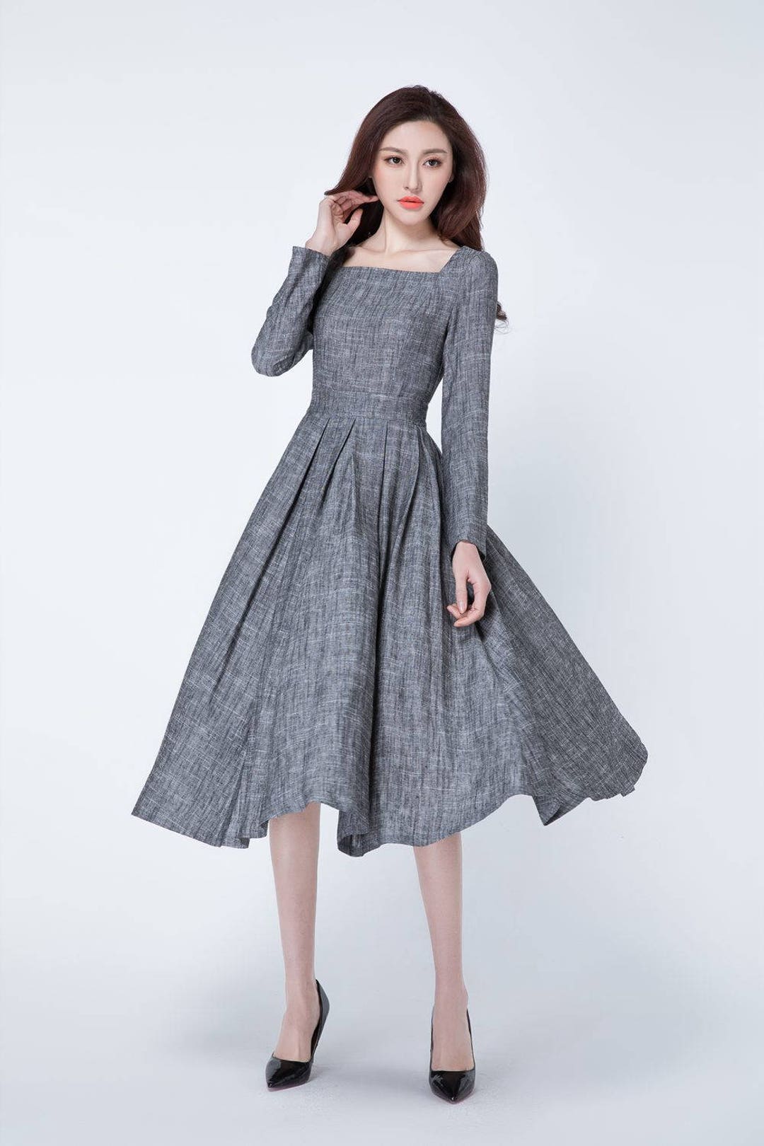 Square Neck Linen Swing Dress Gray Pleated Linen Midi Dress - Etsy
