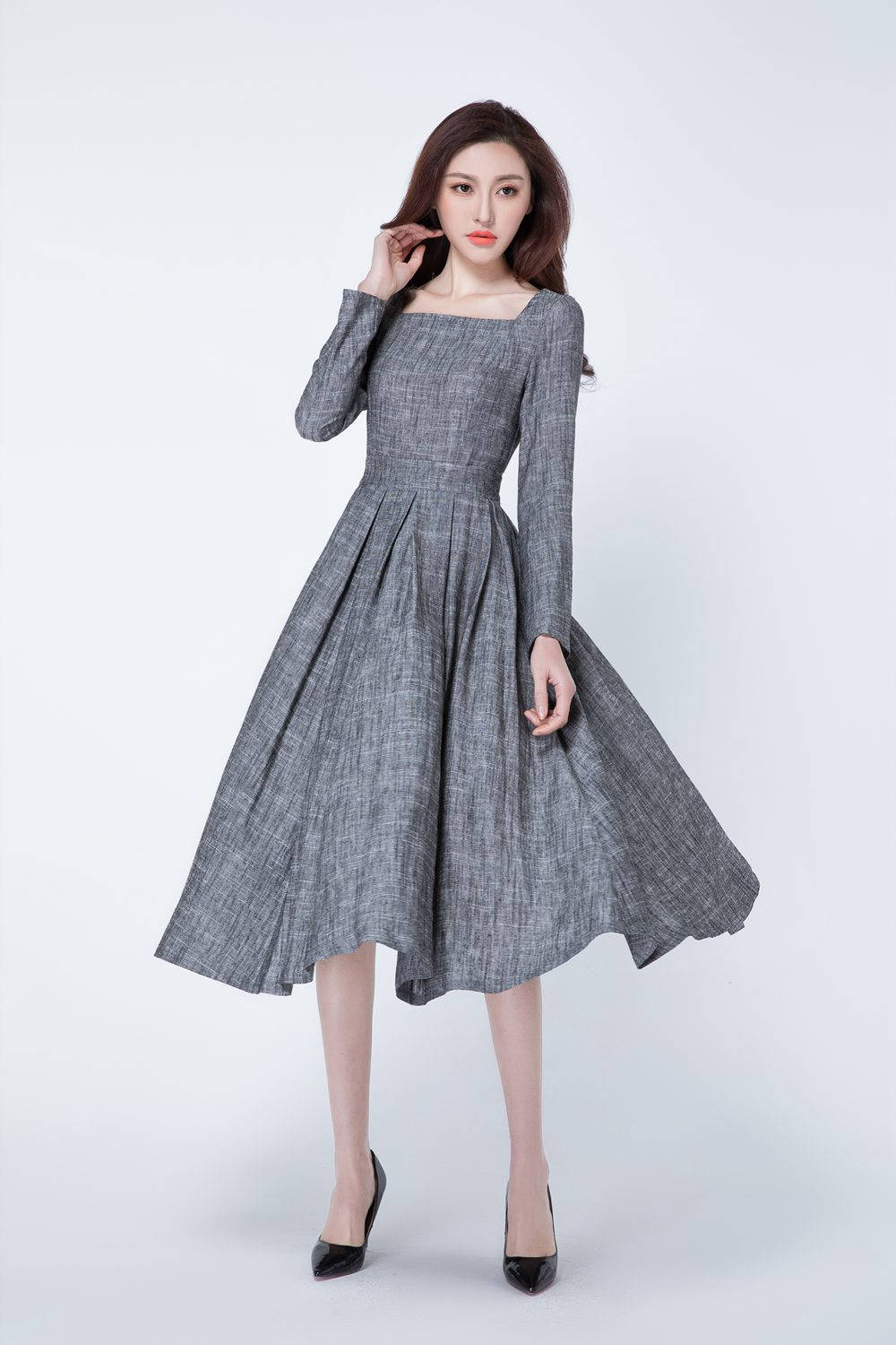 Square Neck Linen Swing Dress, Gray Pleated Linen Midi Dress