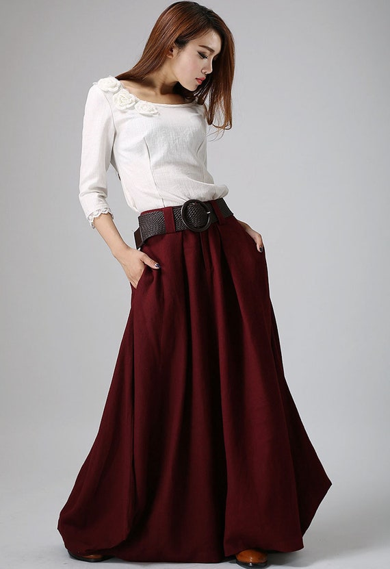 Burgundy Skirt, Linen Skirt, Maxi Linen Skirt, Asymmetrical Skirt