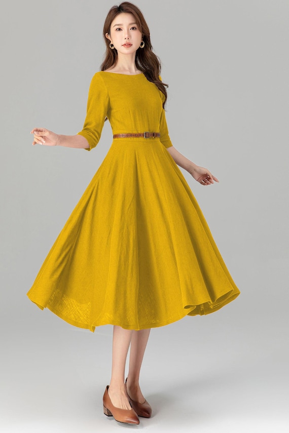 yellow dress with brown belt Yellow Stripe Sleeveless Dress With Brown Belt