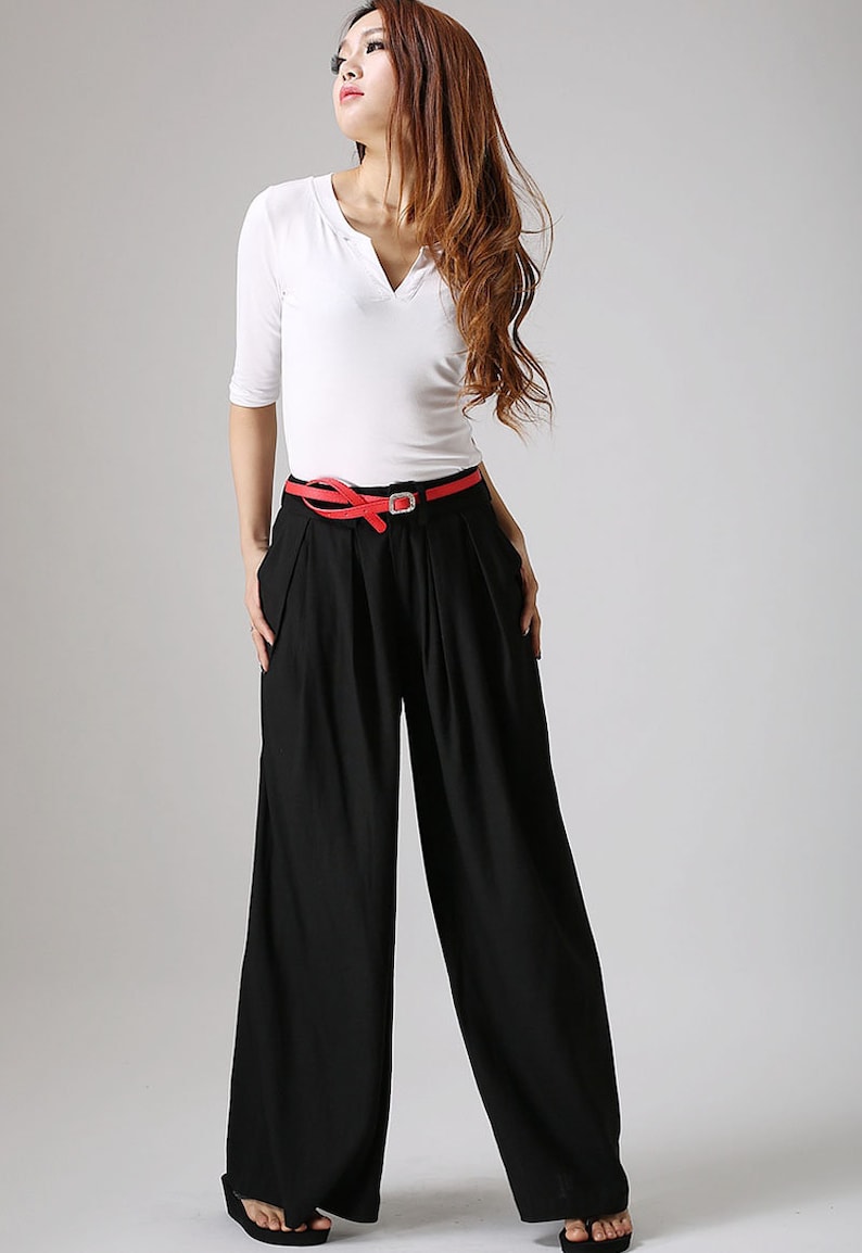 Black linen pants outfit summer casual street styles, Women's Wide leg linen pants with pockets, Long linen palazzo pants 0873 black