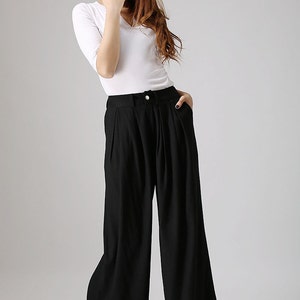 Black linen pants outfit summer casual street styles, Women's Wide leg linen pants with pockets, Long linen palazzo pants 0873 image 4