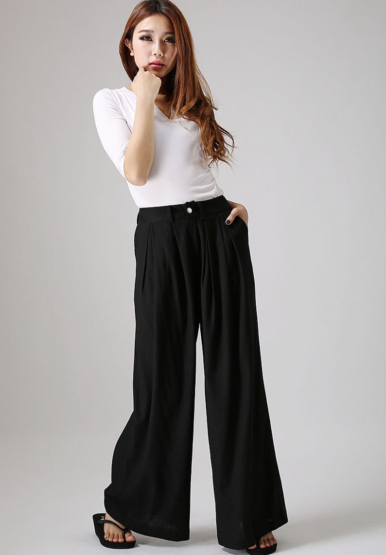Black linen pants outfit summer casual street styles, Women's Wide leg linen pants with pockets, Long linen palazzo pants 0873 image 4