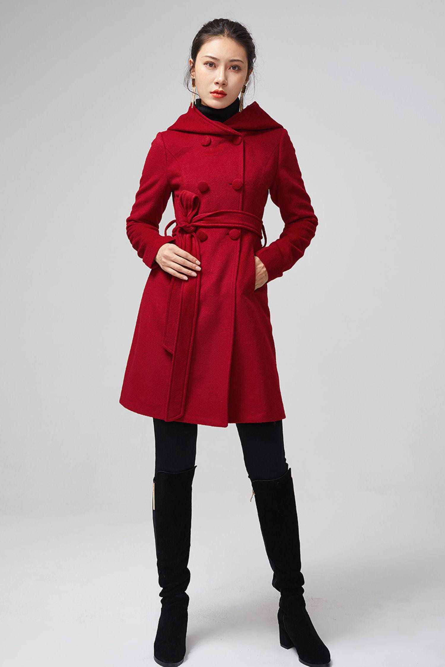 Women's Hooded Wool Coat - Double Breasted Red Winter Coat, Warm