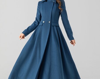 Wool Coat, Blue Midi Wool Coat, Long Wool Coat, Swing Wool