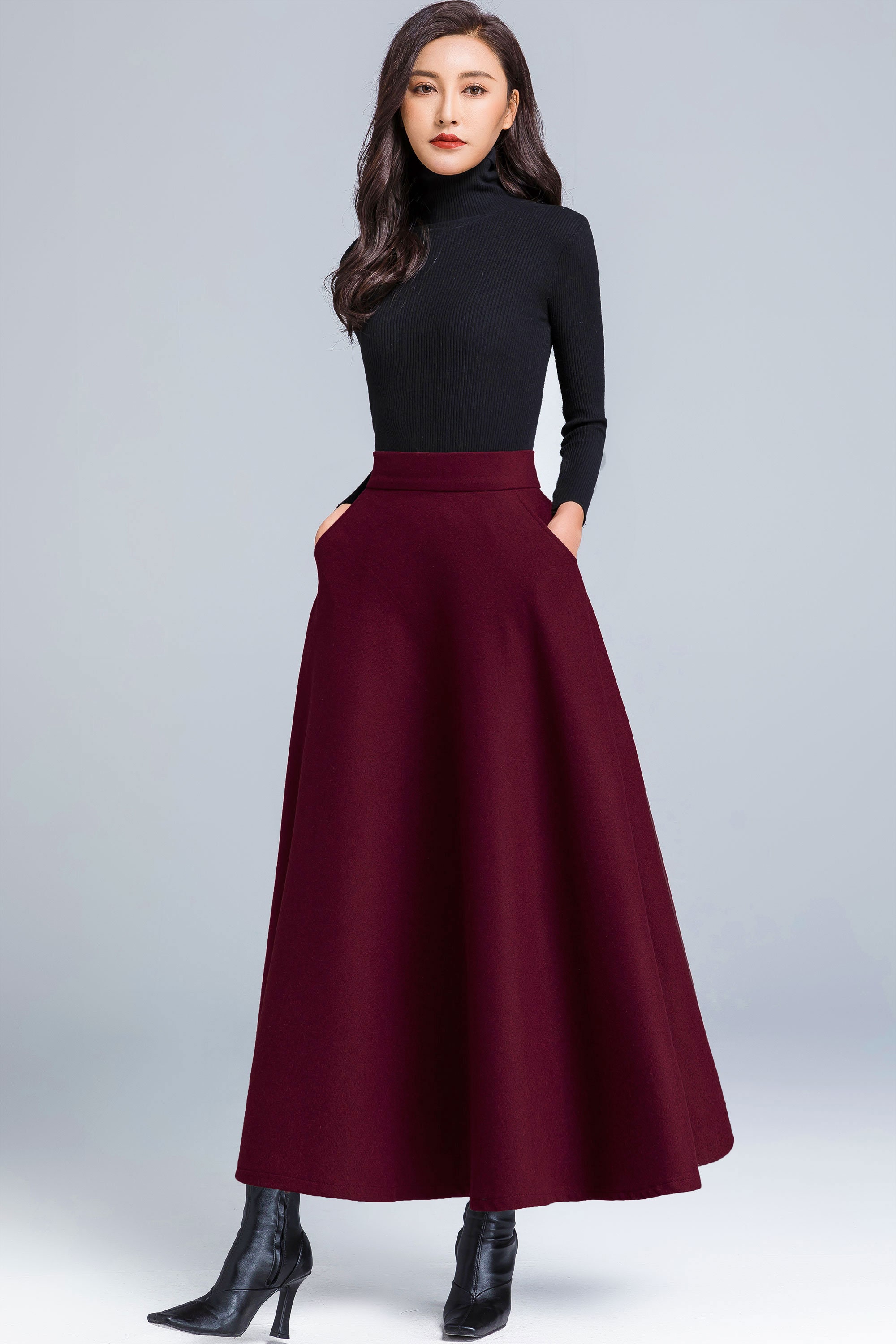 Burgundy A line wool maxi skirt High waist elastic waist | Etsy