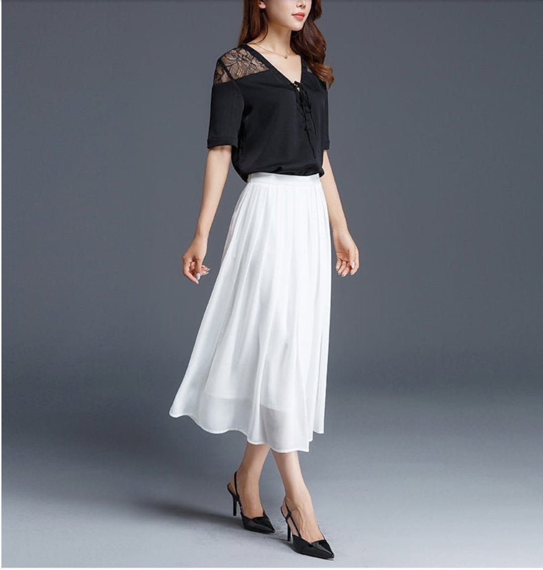 Women's White Chiffon Midi Skirt, Soft Pleated Chiffon Skirt
