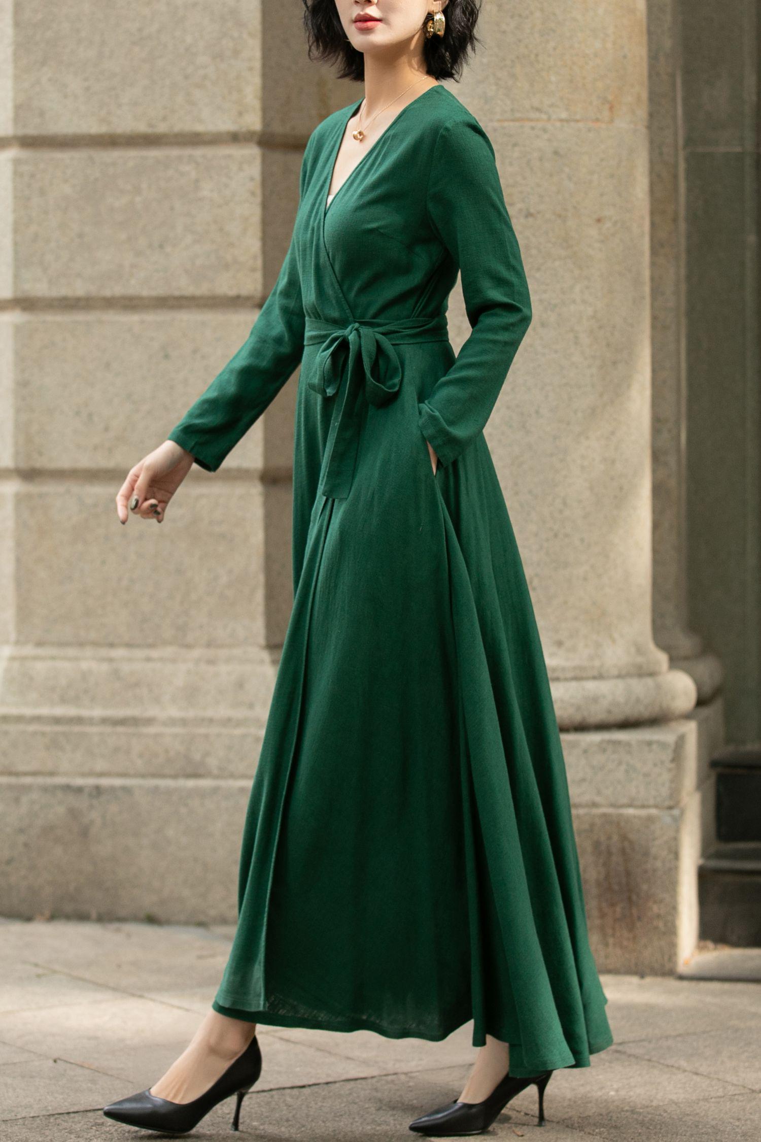 Linen Summer Dress | Xs Green Wrap Women 5673 Handmade by Xiaolizi