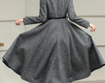 Wool Midi Dress With Belt: Elegant A-line Fall Winter Dress 6423