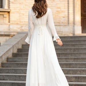 Vestido largo de gasa blanca, manga larga, estilo bohemio, corte ajustado y falda acampanada, ideal para damas de honor en la playa, Xiaolizi 2622 imagen 7