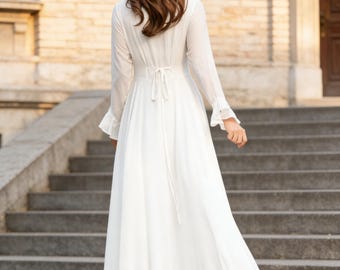 sachin and babi light blue dress White Simple Wedding Dress A-Line V-Neck Long Sleeves Natural Waist Ch —  Bridelily main image 1
