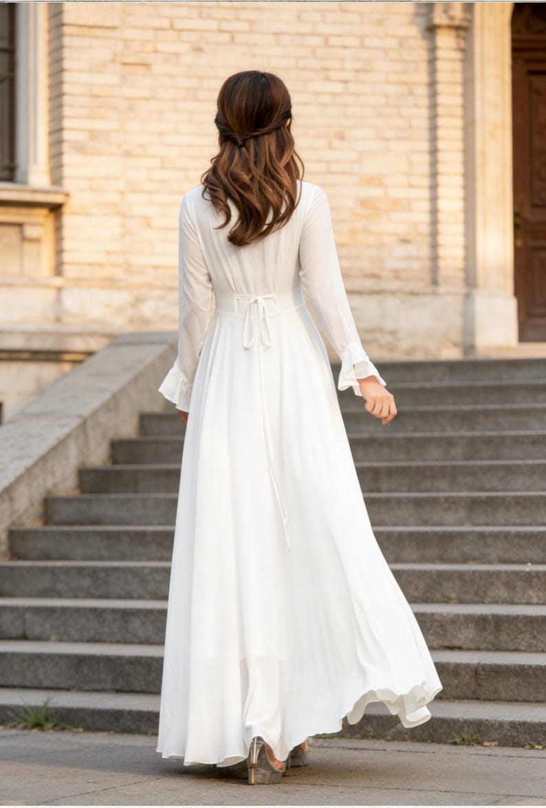 Vestido largo de gasa blanca, manga larga, estilo bohemio, corte ajustado y falda acampanada, ideal para damas de honor en la playa, Xiaolizi 2622 imagen 7