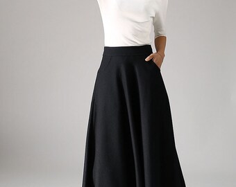 black skirt, wool skirt, long skirt, womens skirts, winter skirt, black wool skirt, flared skirt, skirt with pockets, office skirt 1088
