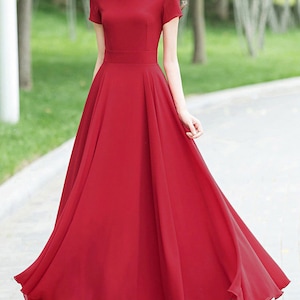 Blue Bridesmaid Dress with sleeves, Simple Beach wedding dress, Summer Long Women Chiffon dress, Bohemian Swing Chiffon maxi dress 1523 3-Red