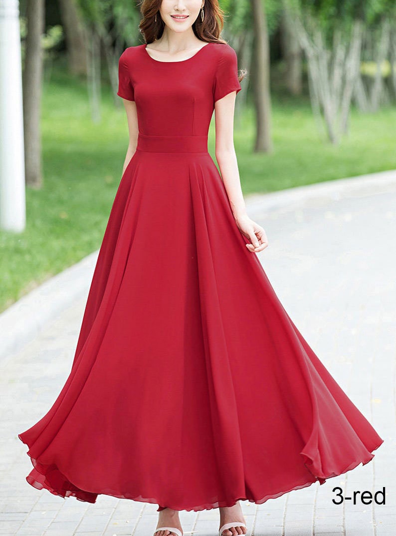 Blue Bridesmaid Dress with sleeves, Simple Beach wedding dress, Summer Long Women Chiffon dress, Bohemian Swing Chiffon maxi dress 1523 3-Red