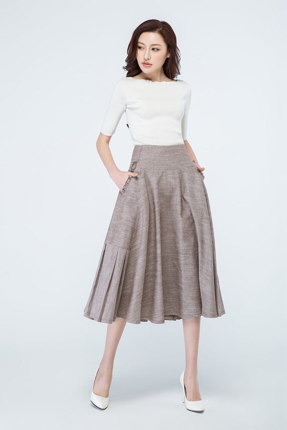Women Vintage Pleated Skirt a Line Flared Midi Skirt WD 05