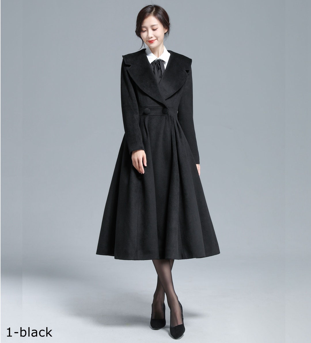 Vintage Inspired Black Long Wool Princess Coat, Fit and Flare Coat ...