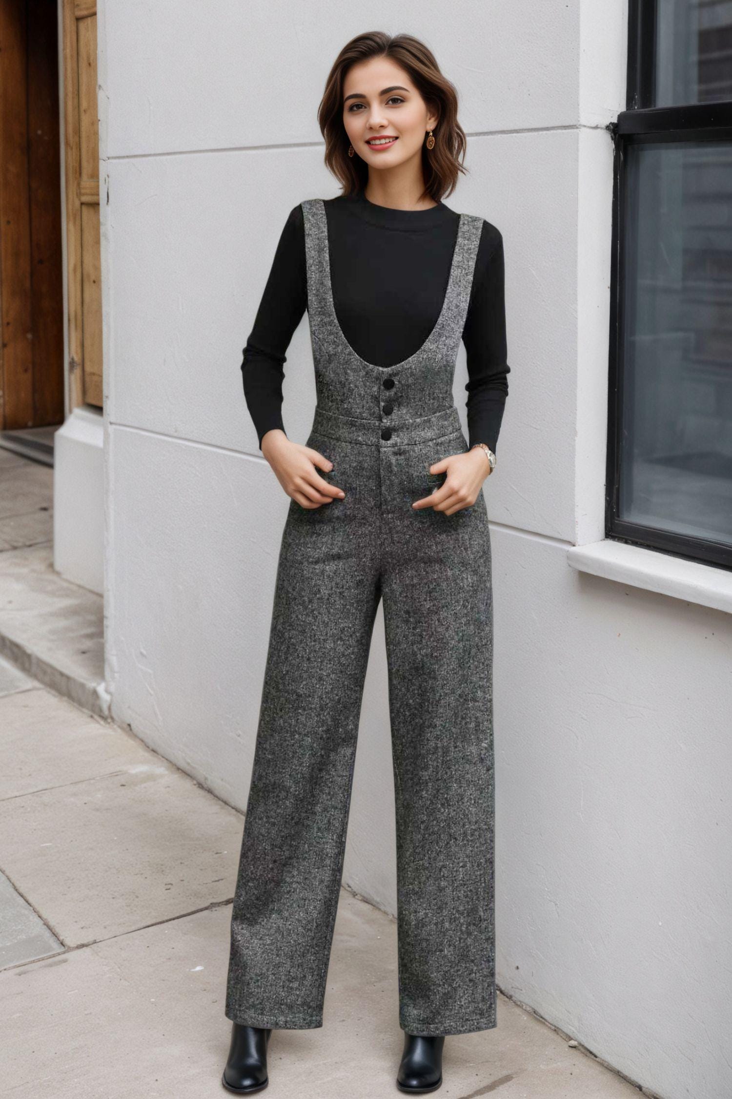 Gray Suspender Wool Pants Women, Autumn Winter Straight-leg Pants