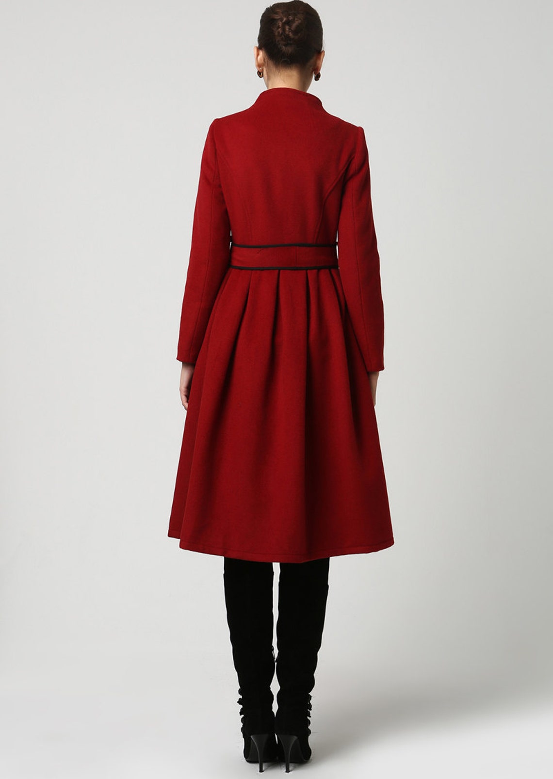 Dark red coat stand up collar wool coat winter coat for | Etsy