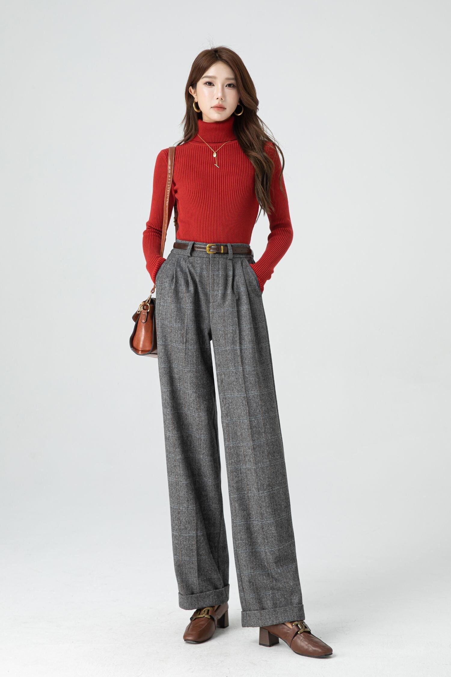 Officewear Pants, Grey Long Plaid Wool Pants, Plus Size