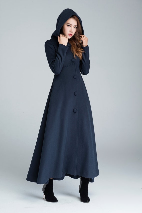 Long Wool Coat, Women's Winter Coat, Hooded Coat, Maxi Coat, Navy