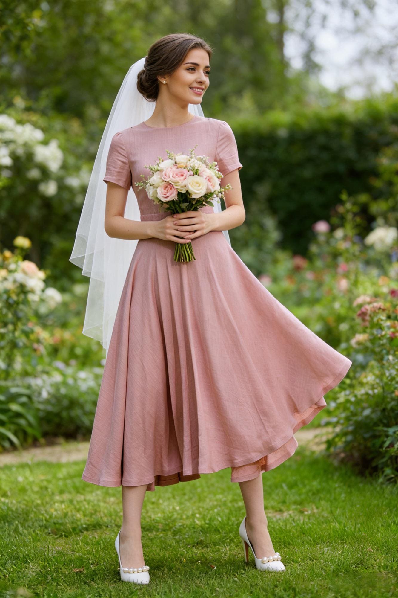 Family Wedding Dress, Summer Womens Pink Linen Midi Swing Dress