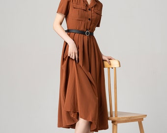 Military-inspired Midi Shirt Dress, Womens A-line Swing