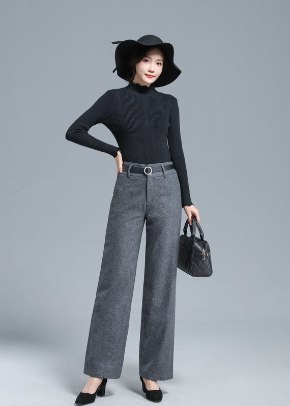 Warm Wool Long Pants, Winter Straight Leg Pants, High Waist Pants