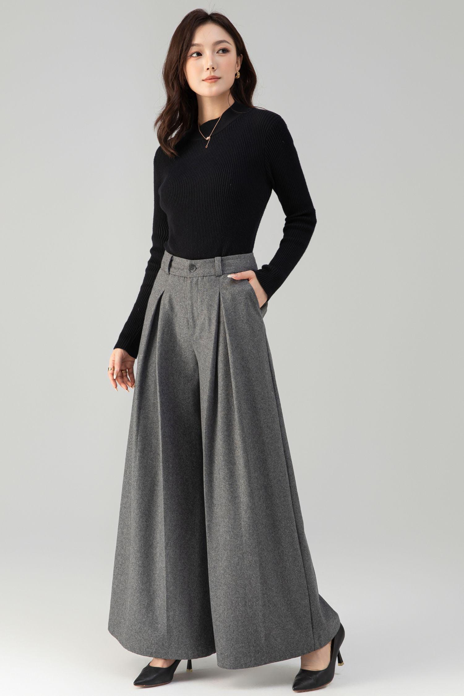 Gray Wool Blend Wide Leg Pants: High Waisted Women's Pleated