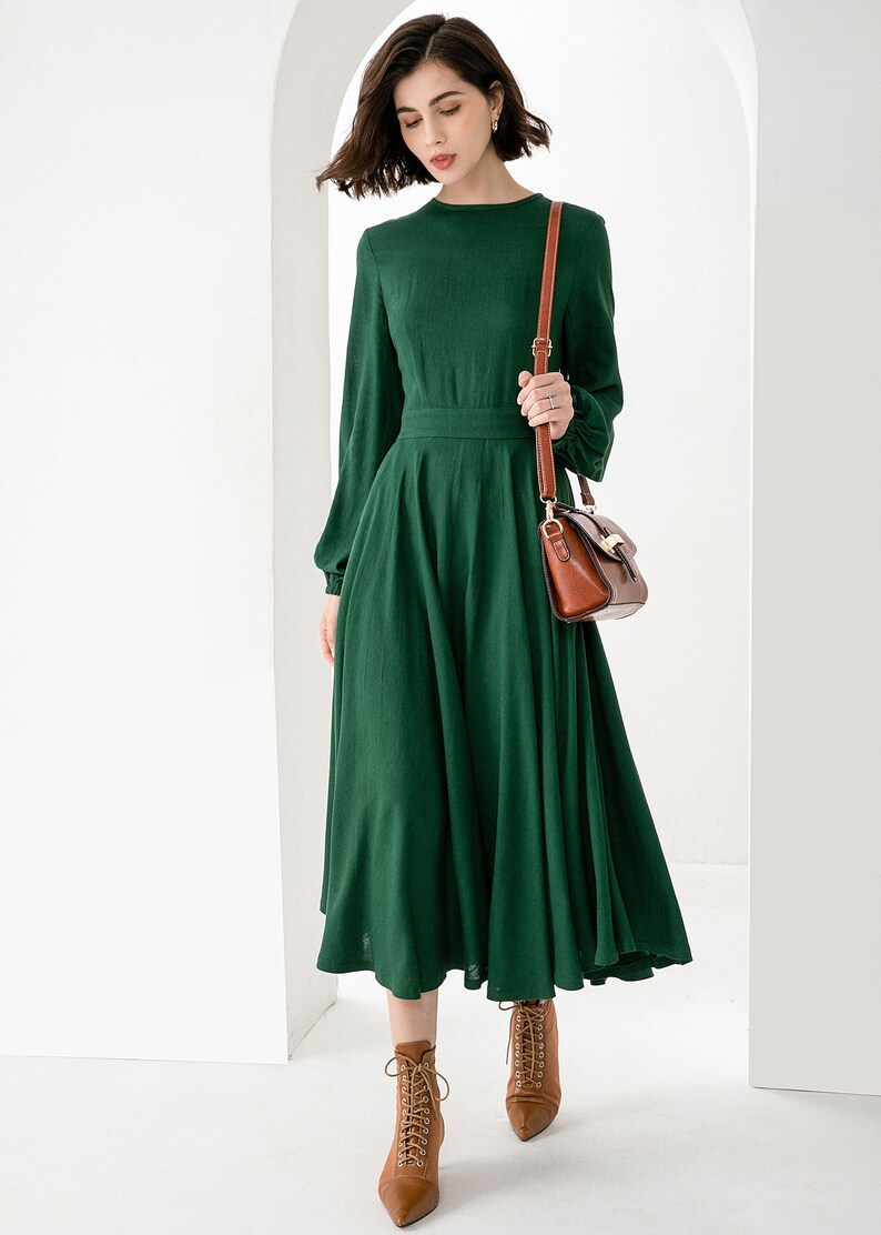 Linen Dress Women's Green Linen Midi Dress Fit and Flare Etsy