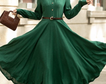 Womens Green Button up Linen midi Dress, Long Sleeve swing linen Dress, Fit and flare linen Dress, Handmade Casual Dress, xiaolizi 5676