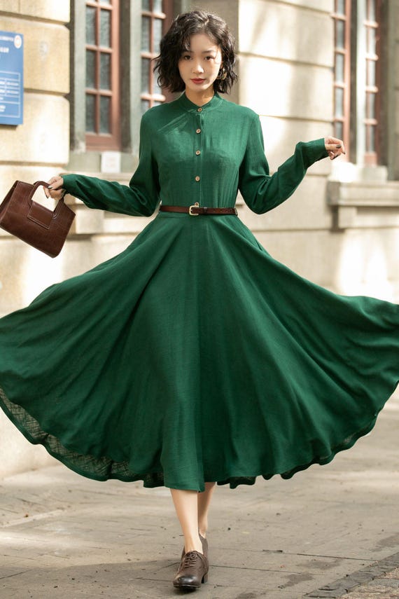 Womens Green Button up Linen Midi Dress, Long Sleeve Swing Linen Dress, Fit and Flare Linen Dress, Handmade Casual Dress, Xiaolizi 5676