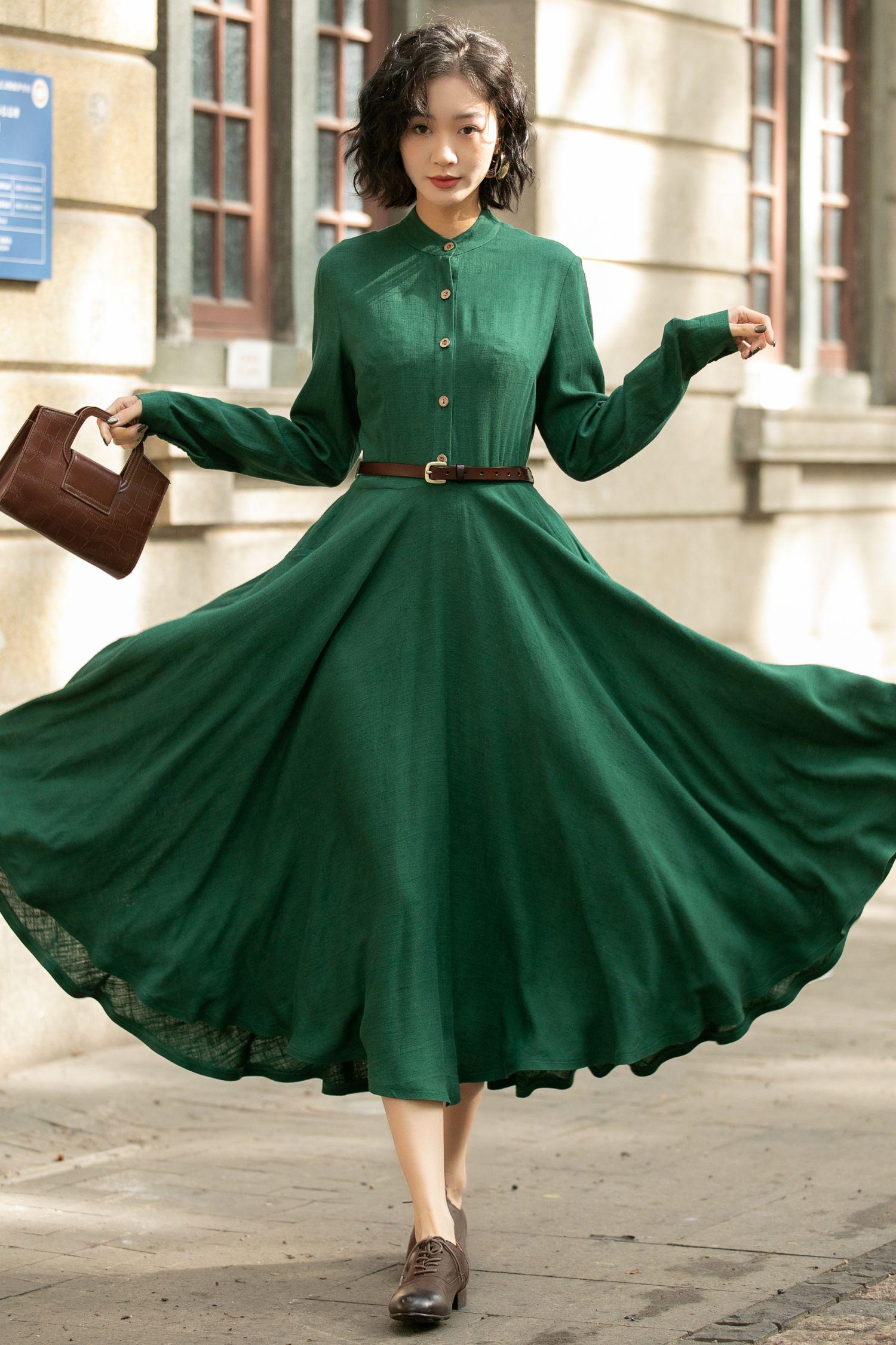 green long sleeve swing dress Womens Button up Linen Midi Dress, Linen Dress, Fit and Flare Linen Dress, Handmade Casual Dress, Xiaolizi 5676 select30