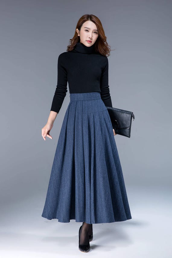 blue stripe skirt wool skirt asymmetrical skirt pleated | Etsy