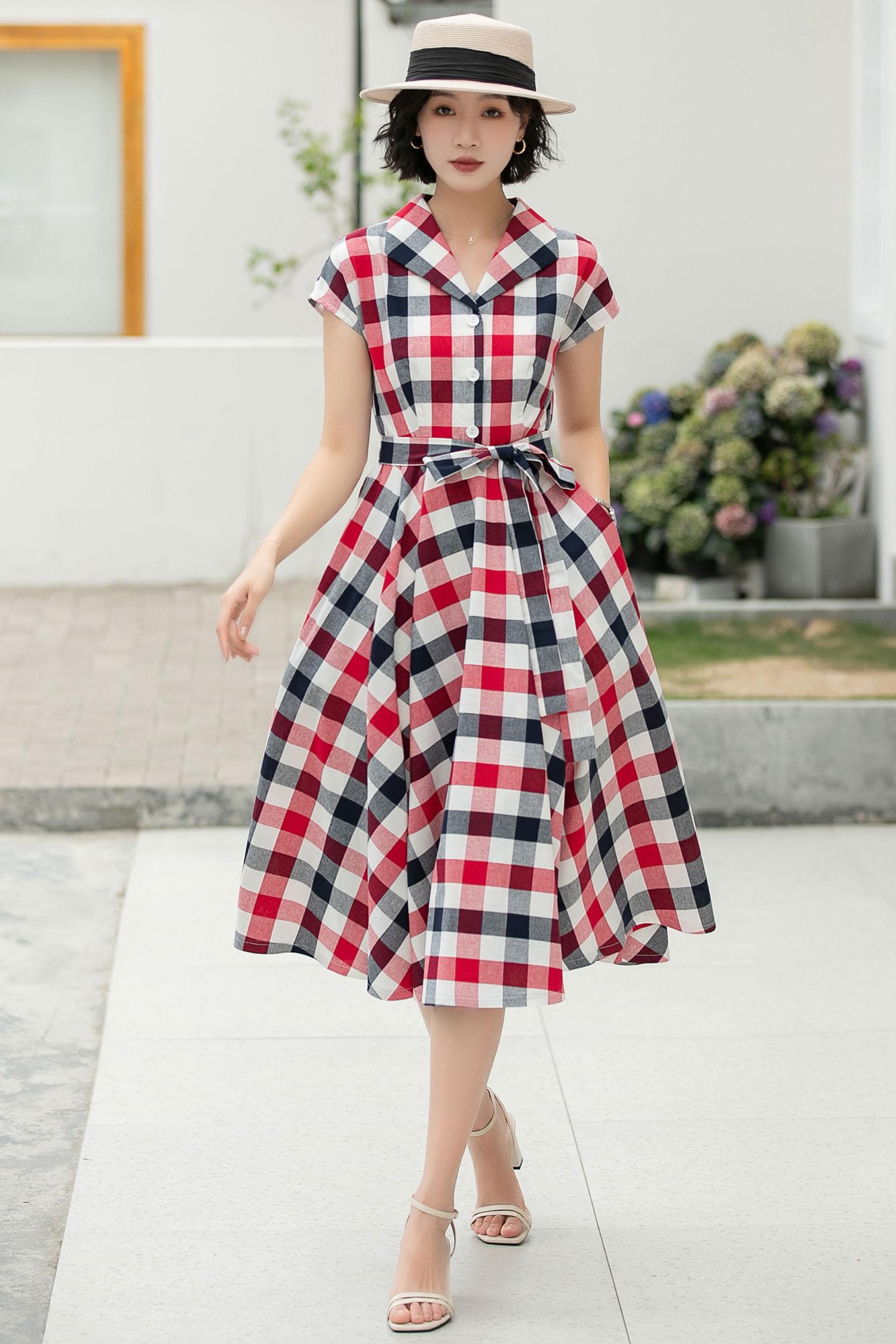 Plaid Shirt Linen Dress, Women Midi Summer Dress, Fit and