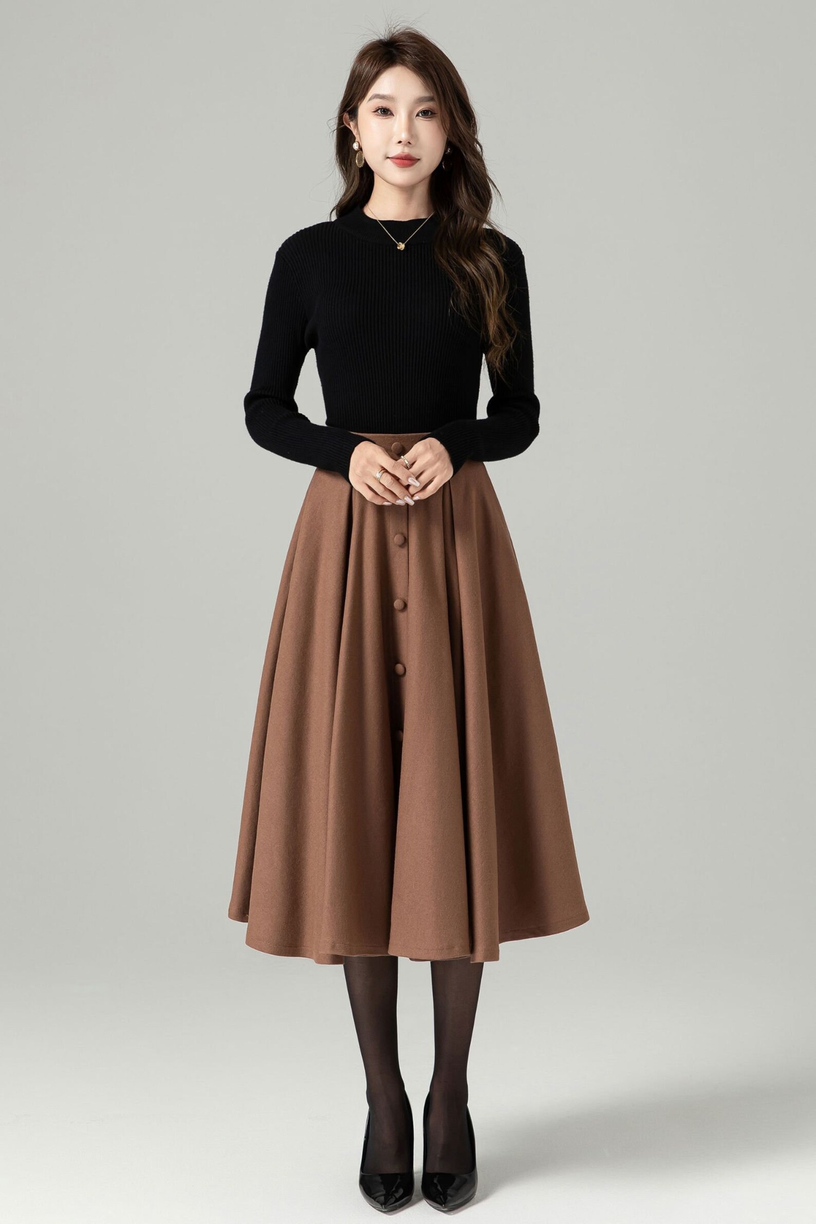 Ruched Side Button Wool Blend Sweater Skirt