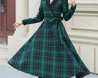 Wool midi dress, Plaid Wool dress, Swing wool Dress with belted, Long Sleeve Dress, Fit and Flare Dress, Custom Wool Dress, Xiaolizi 5343 Wool midi dress, Plaid Wool dress, Swing wool Dress with belted, Long Sleeve Dress, Fit and Flare Dress, Custom Wool Dress, Xiaolizi 5343