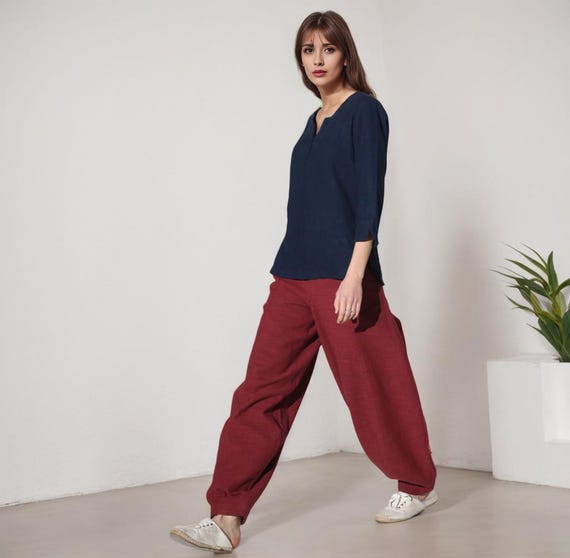 Red linen pants, baggy pants for women 1160# Red linen pants, baggy pants for women 1160#