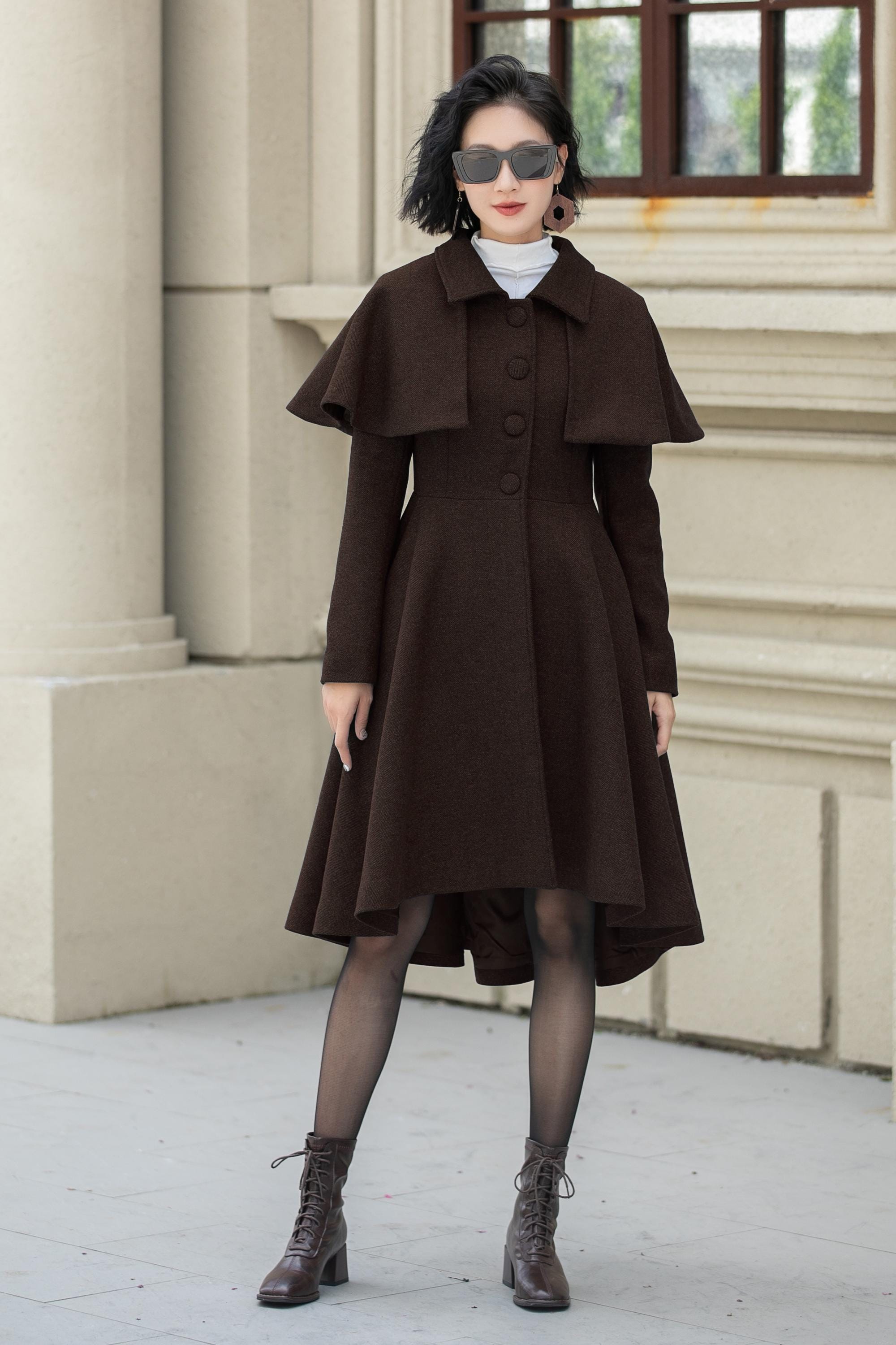 Vintage Style Wool Cape Coat, Brown A-line Midi Outerwear, Custom