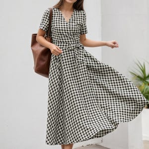 Linen dress, Plaid linen dress, Wrap Linen dress, Summer Midi dress, Womens dress, Long Linen dress, Dress with pockets, Custom dress 4948#